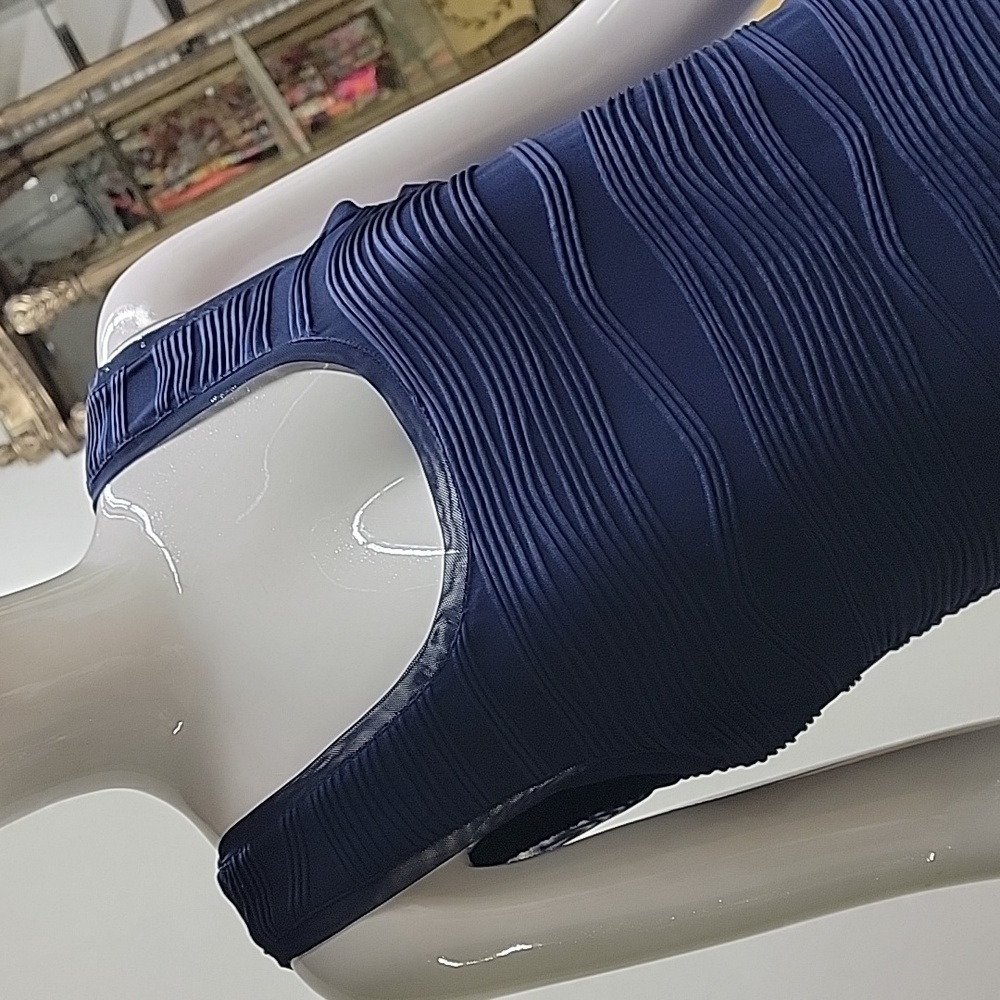 Philosophy Navy Blue Scoop Neck Sleeveless Satin and Sheer Cocktail Dress - Picture 3 of 12